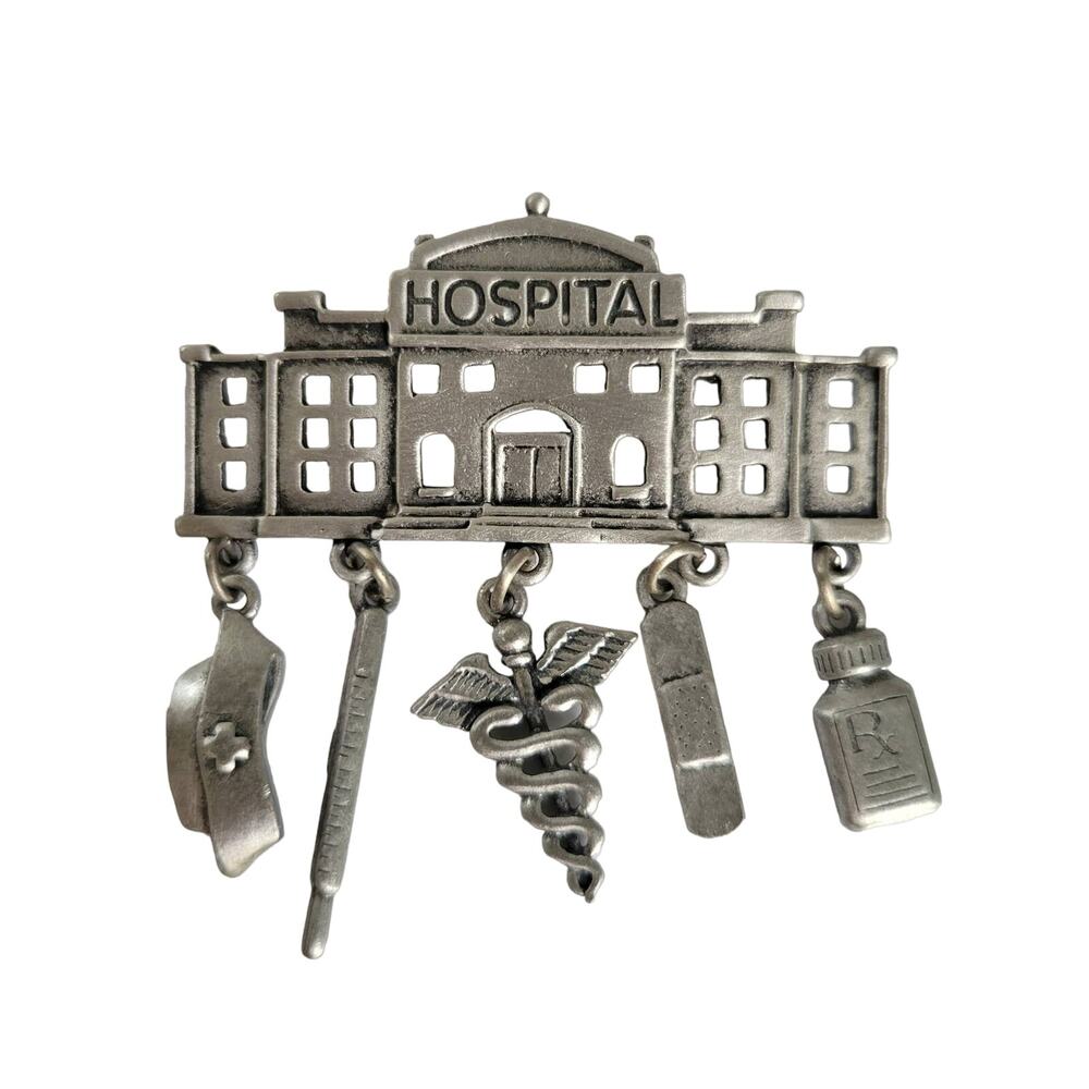 Vintage 80s Jonette Jewelry Hospital Nurse Brooch Lapel Pin Pewter Silver Charms